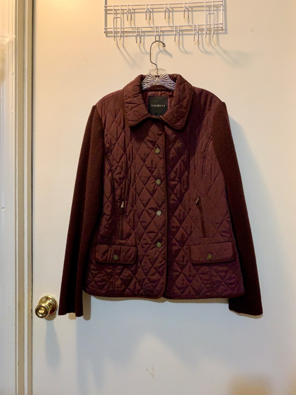 Talbots Burgundy Quilted Jacket w Knit Sleeves Snap Closure, 4 Pockets - Size L